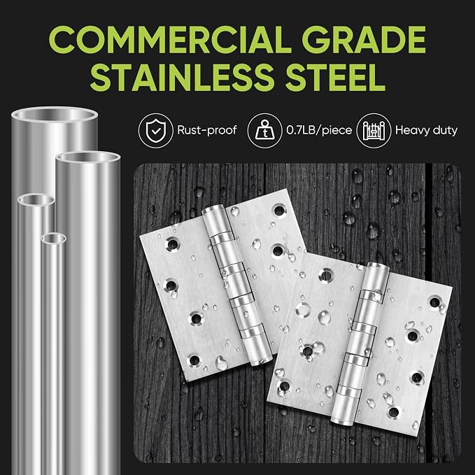 3 Pack Ball Bearing Door Hinges, 4in x 4in Heavy Duty Stainless Steel Door - Image 2