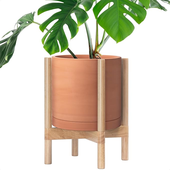 D'vine Dev Terracotta Pot with Natural Wood Stand, 12 in, 55-B-J-5 | by DvineDevPlanterPotsandStand