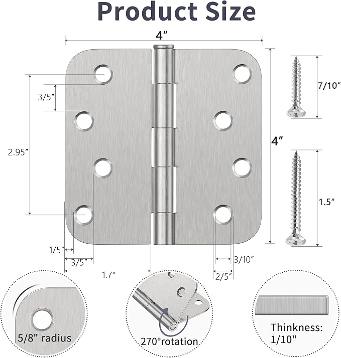 3 Pack Door Hinges 4 Inch, Brushed Nickel Hinges - Image 2