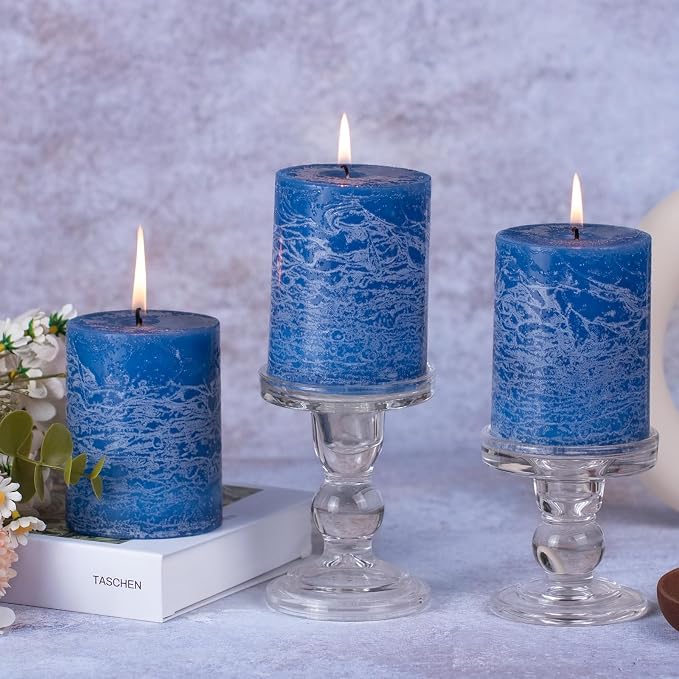 KONNI Layered Pillar Candles Set of 3, 2.8"x 4" Table Decor Ice Mist-Blue | - Image 5
