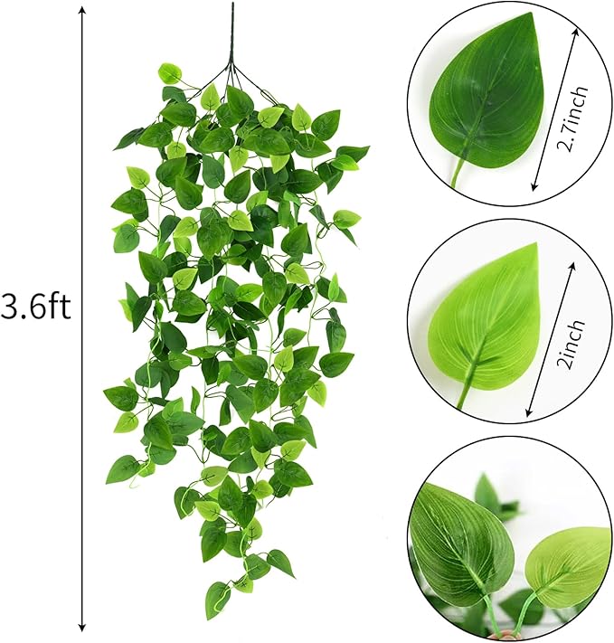 CEWOR 3pcs Fake Hanging Plants for Room Decor, 3.6ft Artificial Ivy Pothos Vine - Image 2