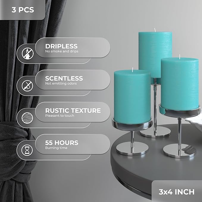3x4 inch Pillar Candles Set of 3 – Unscented Dripless Rustic Turquoise Candles - Image 3