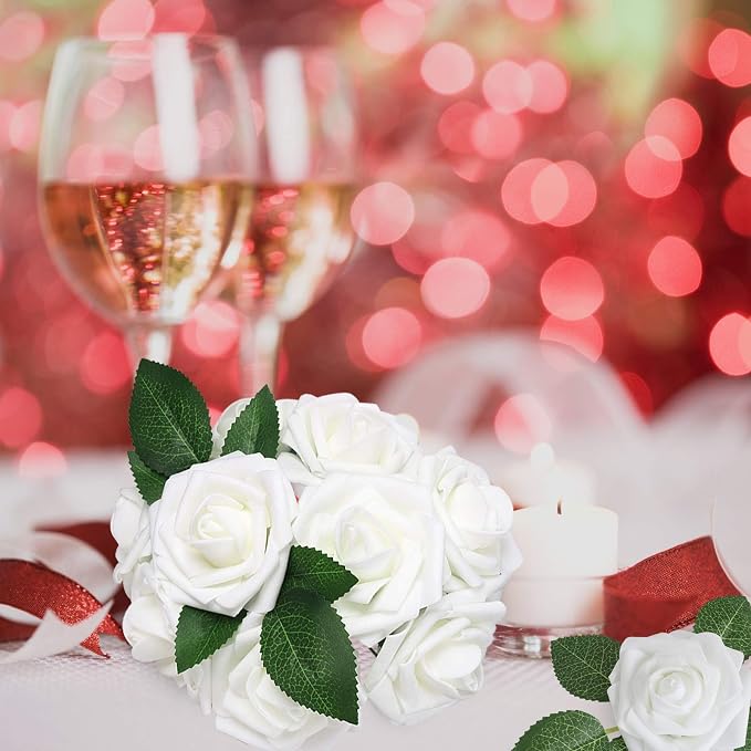 AmyHomie White Rose 50pcs Real Looking Artificial Flowers w/Stem | Bouquet - Image 6