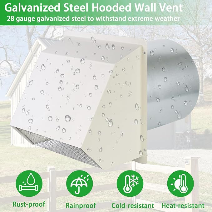 12 Inch Hooded Wall Vent with Screen and Damper, Outdoor Wall Exhaust Vent - Image 5