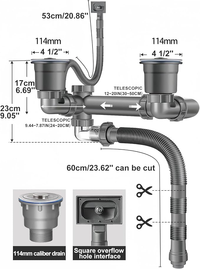 Double Sink Drain Kit Space Saving Kitchen Sink Drain Kit Expandable Flexible 1 - Image 2