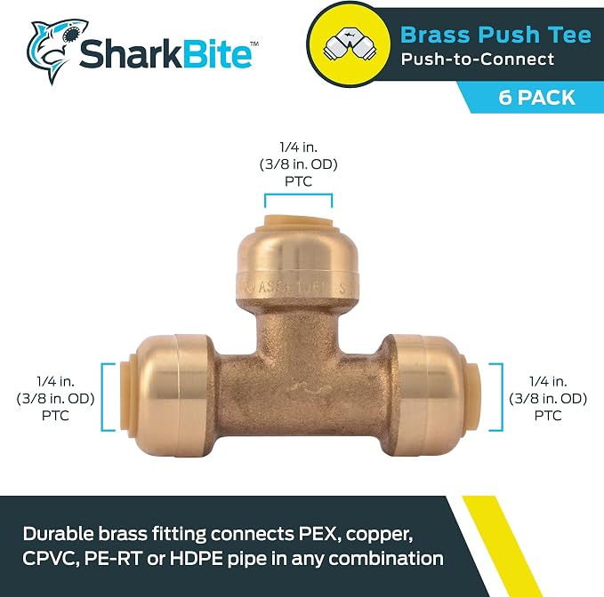 SharkBite 1/4 Inch Tee, Push to Connect Brass Plumbing Fitting, PEX Pipe - Image 2