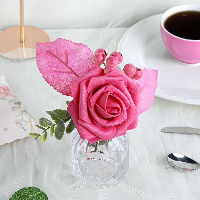 AmyHomie Hot Pink Rose 25pcs Real Looking Artificial Flowers w/Stem | Bouquet - Image 5