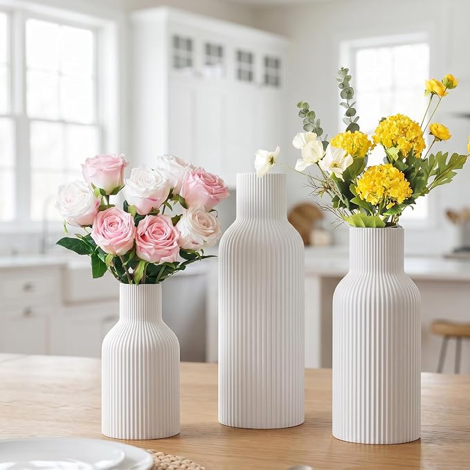 White Ceramic Flower Vase Set of 3 Matte Ribbed Waterproof | Waterproof interior - Image 3