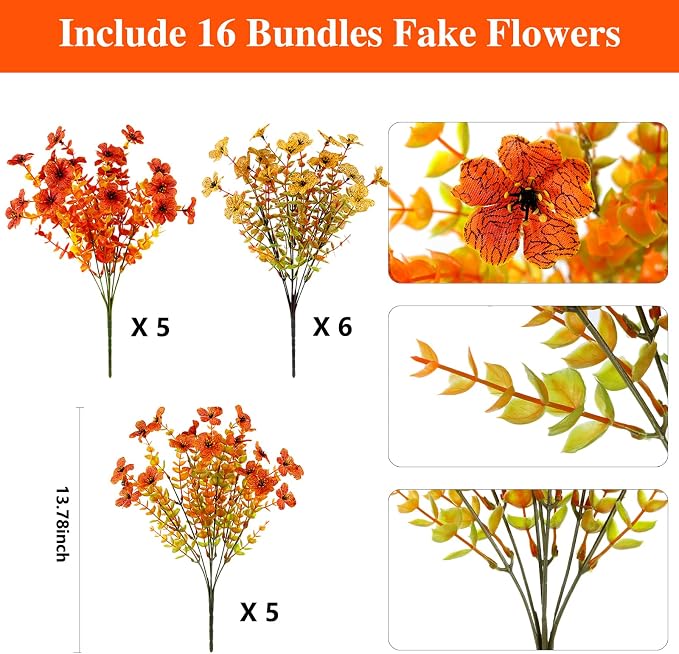 16PCS Artifcial Fall Flowers for Outdoor Decorations, Mix Orange | Realistic - Image 2