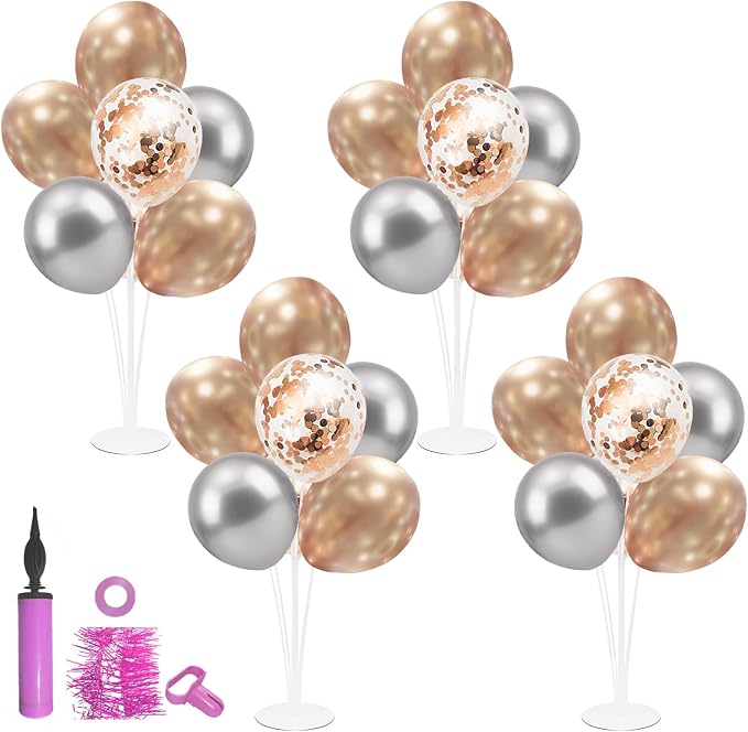 4 Set Balloon Stand with Champagne Silver Balloons and Pump | by ZJDHPTY