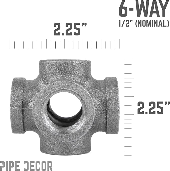 1/2" 6-way Cross Fitting, PIPE DECOR Black Malleable Iron Fittings Fit Standard - Image 3