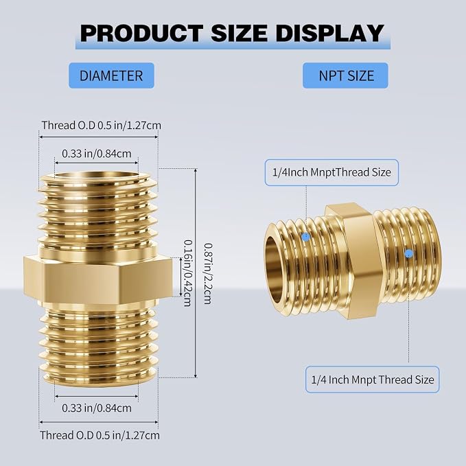 4pack 1/4 Brass Nipple Hexagonal Connector External 1/4 NPT | Solid Brass - Image 2