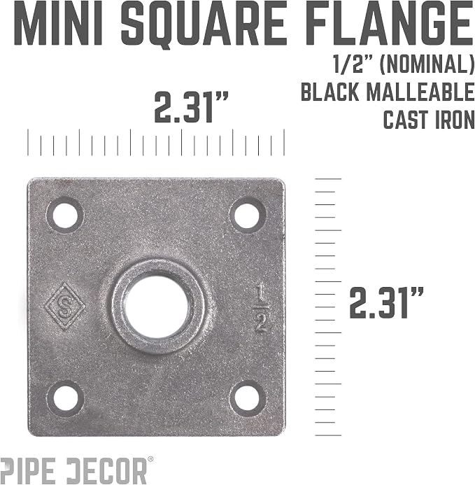 1/2" Square Mini Flange Fitting, PIPE DECOR Black Malleable Iron Fittings Fit - Image 2