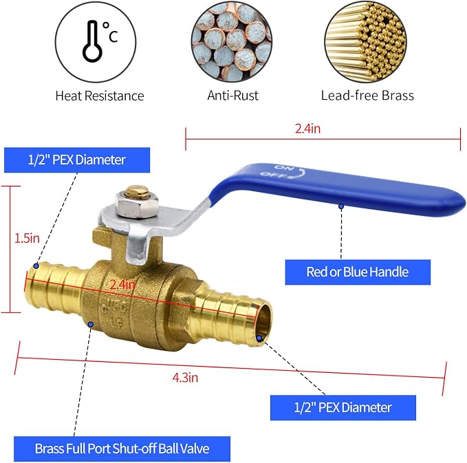 4pcs 1/2" PEX Brass Full Port Shut Off Ball Valve, HOT COLD | - Image 2