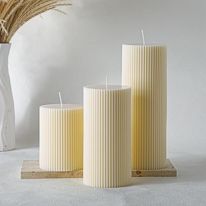 Conelist Ribbed Pillar Candles Set of 3, Width 3" High 4" 6" 8" - Image 7