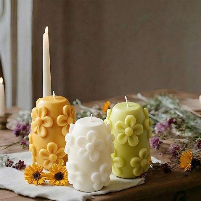 Lyrow 3 Pcs Daisy Pillar Candles 3D Embossed Floral Candle Set 3'' H Easter - Image 5