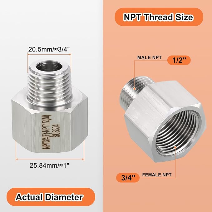 2 Pack 304 Stainless Steel FeMale to Male Adapter, 3/4" FeMale NPT x 1/2" Male - Image 2