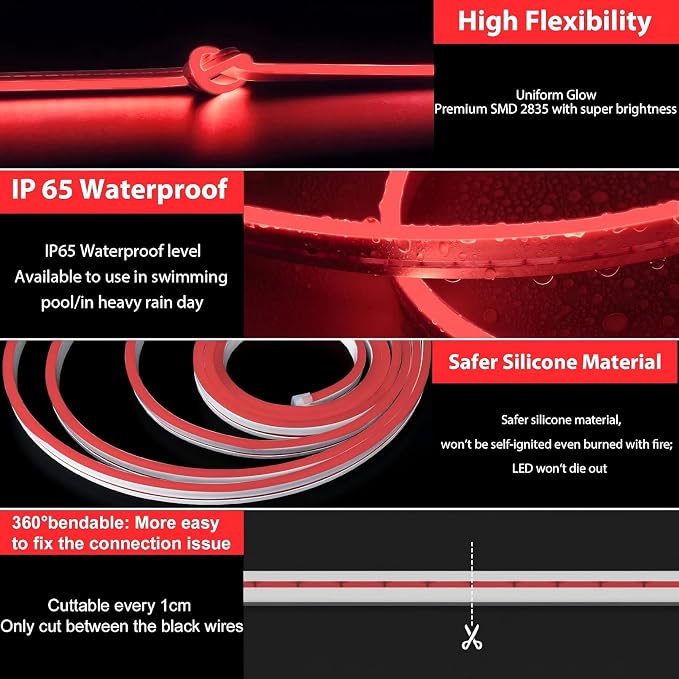 Lamomo Red Led Strip Lights 32.8Ft, 2 Roll Neon Rope Strip 0.39In/Cut, 12V Flex - Image 4