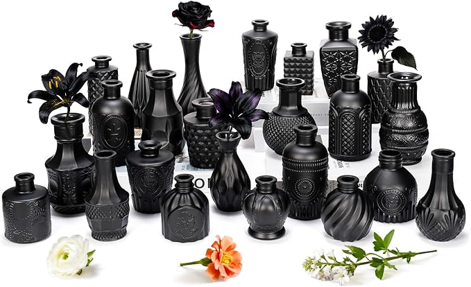 Black Glass Bud Vase Set of 24 Pcs, Small Bud Vases in Bulk, Glass Crystal by JXINDUJU