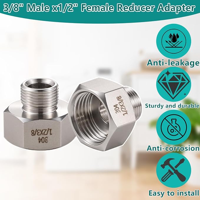 304 Stainless Steel Water Line Adapter （Lead-Free）, 1/2Female to 3/8 Male - Image 8