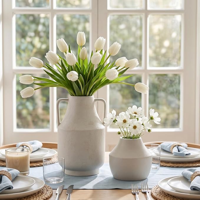 Ceramic Flower Vase with Handles, 11in Tall White Vases - Image 7