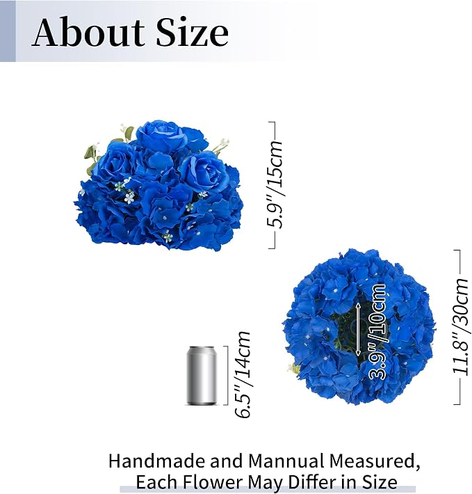BLOSMON Artificial Flower Balls Centerpieces: 2 Pcs 11.8" Royal Blue Rose - Image 5