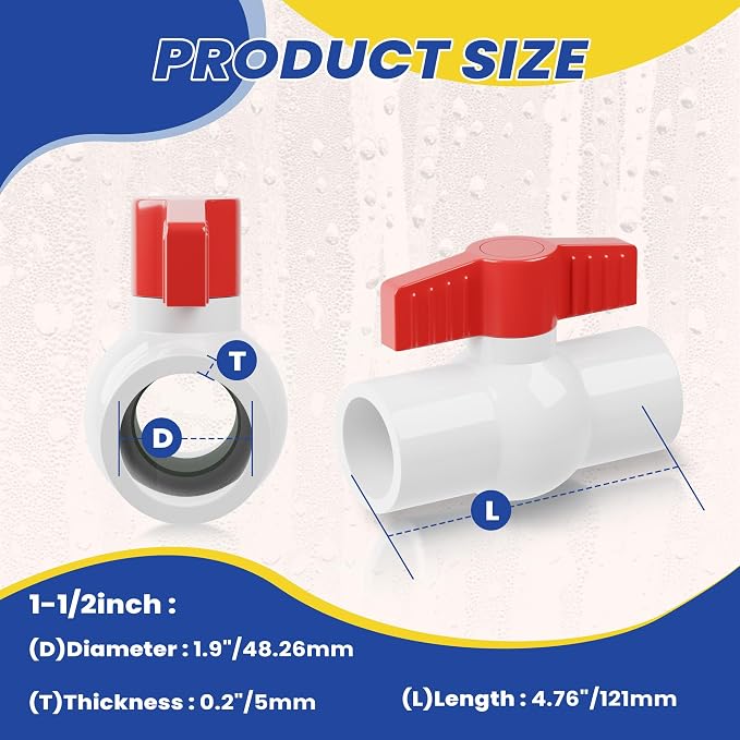 1-1/2 Inch PVC Ball Valve 6 Pack Fits 1.90" OD PVC Pipe | Heavy Duty PVC Shut - Image 2