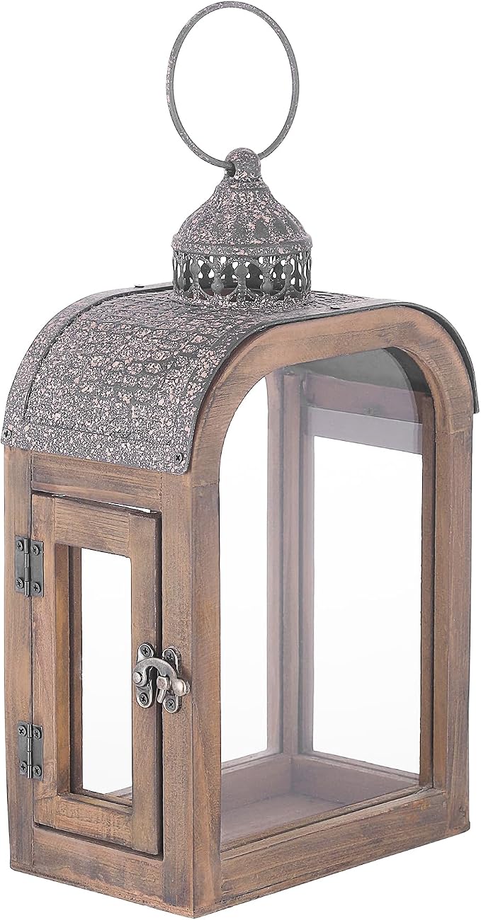 11" High Farmhouse Decorative Lantern, Glass and Metal, Distressed Brown Wood by Unknown