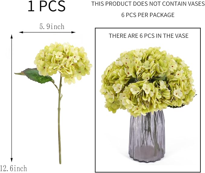 Kimura's Cabin 6pcs Hydrangea Artificial Flowers Silk Hydrangeas, Neon Green | - Image 2