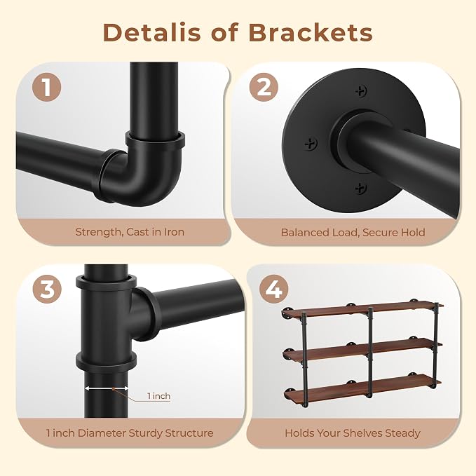 Industrial Wall Mount Pipe Shelf Brackets, Open Bookshelf Brackets - Image 4