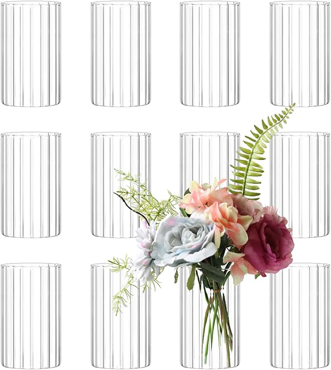 12Pcs Glass Cylinder vases for Centerpieces, 6 Inches Clear Ribbed Bud Vases by Etolies