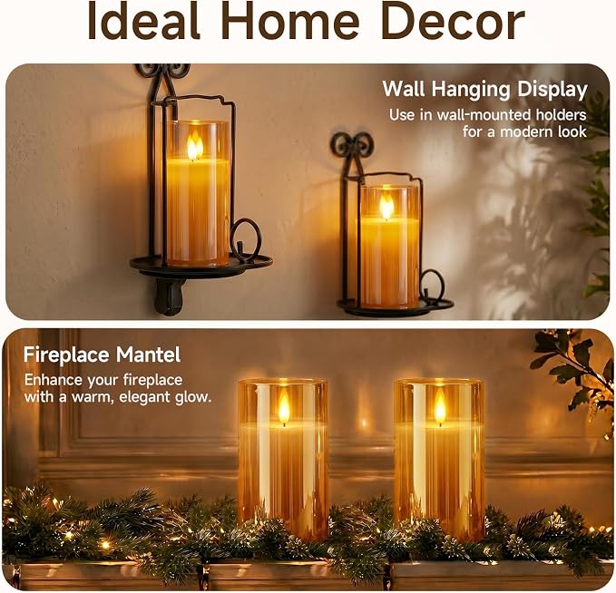 Homemory Amber Glass Flameless Candles, Real Wax, Remote Timer, 2 Pack | D3"xH6" - Image 3