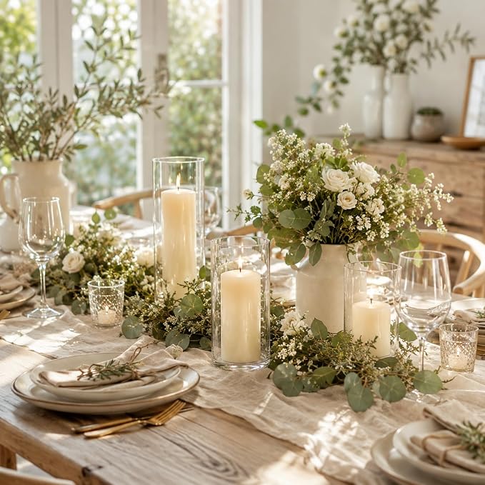 3 Sets Pillar Candles and Hurricane Glass Candle Holders Cylinder Vases - Image 2