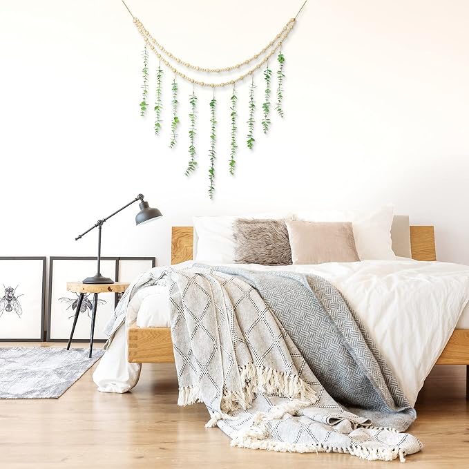 Hanging Eucalyptus Boho Wall Decor Large Boho Bedroom Wall Hanging Wooden Bead - Image 5