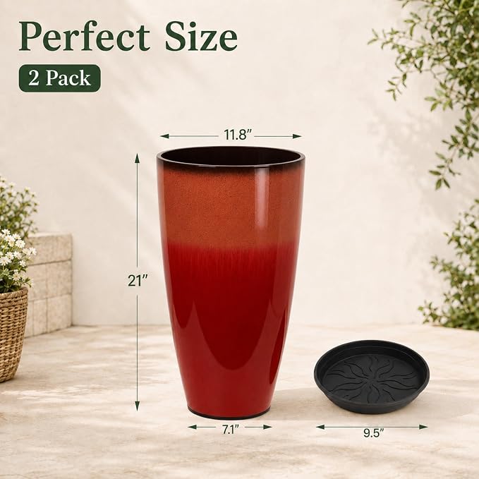 Neoaider Set of 2 Tall Planter, 21 inch Large Plastic Planter, Firey Red | - Image 3