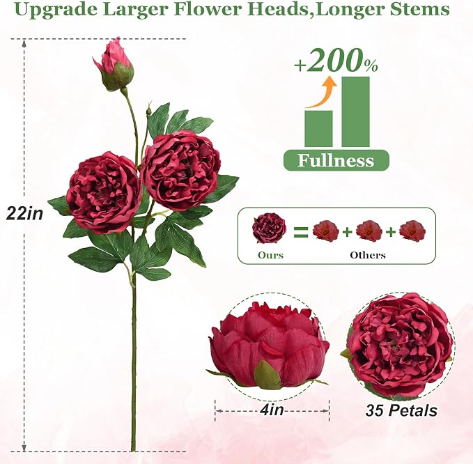 3PCS 22in Peonies Artificial Flowers, Real Touch Latex Peonies | Lifelike Large - Image 3