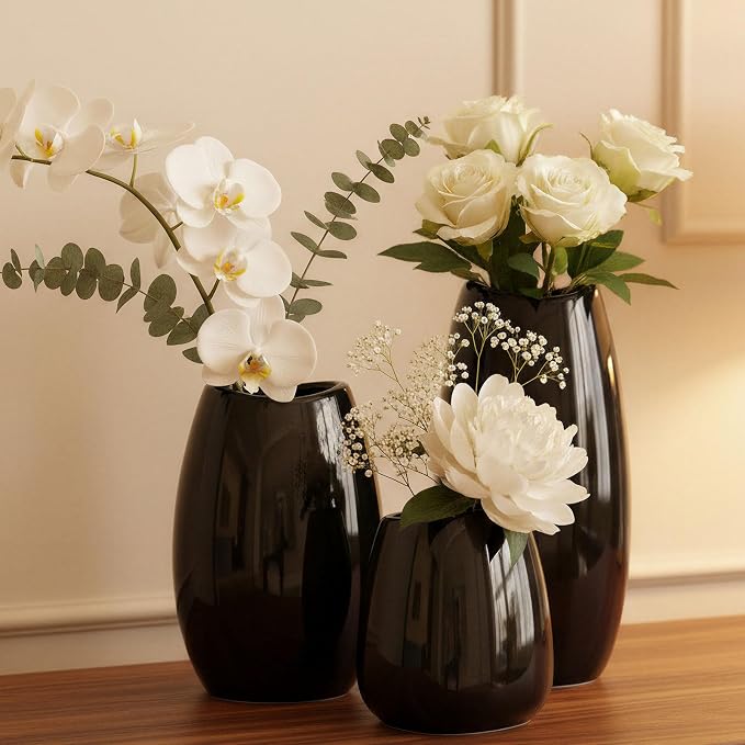 hjn Ceramic Vase Set of 3 Black Flower Vase by hjn