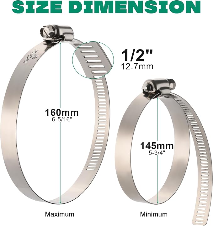 OURU 6 Inch Hose Clamps, Adjustable 5-3/4"-6-5/16", Rust Resistant, Large Worm - Image 2