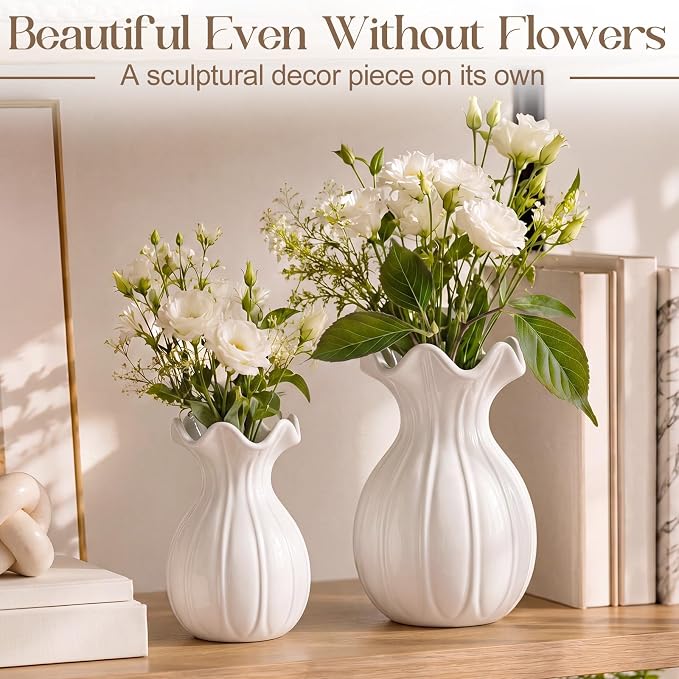 2 Pack White Ceramic Vase Set Small Rustic, Elegant | Decorative Flower Vases - Image 4