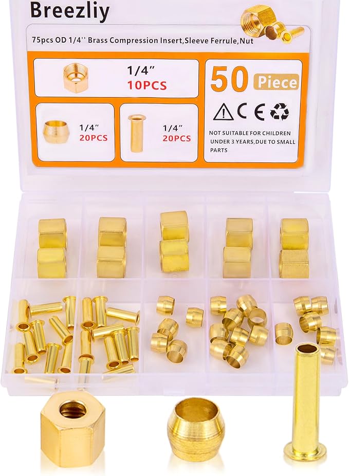 1/4 Inch OD Brass Compression Insert, Sleeve Ferrule, Nut 50PCS by Breezliy