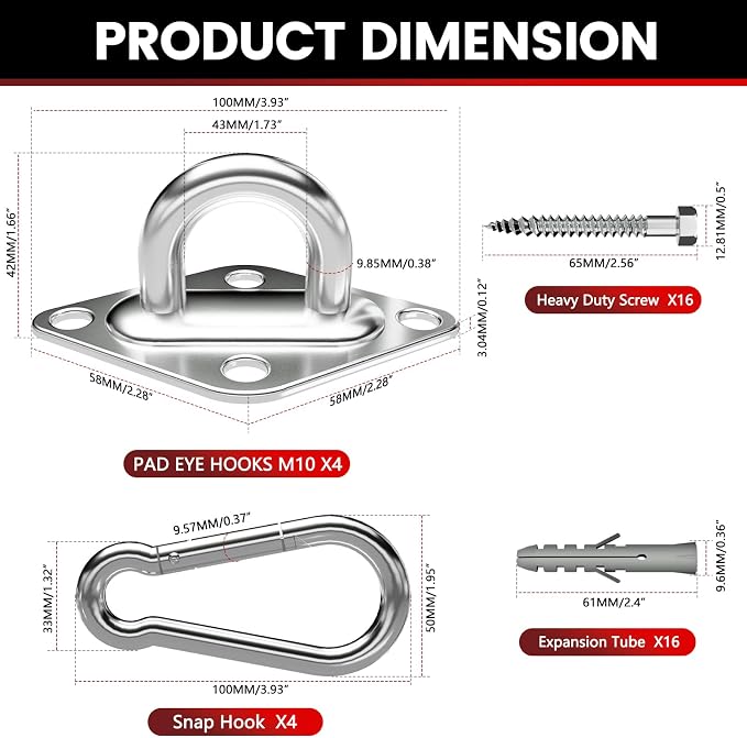 304 Stainless Steel Pad Eye Snap Hook, M10 Ceiling Hook 1700Lb, Yoga Gym - Image 4