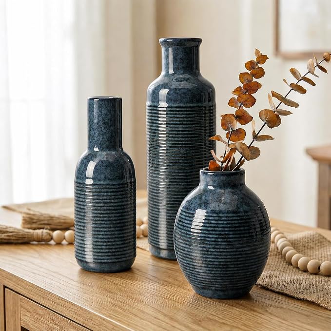 Ceramic Blue Vase Set of 3 - Image 3