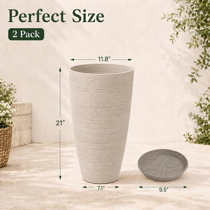 Neoaider Set of 2 Tall Planter, 21 inch Large Plastic Planter, Oat Color | - Image 3
