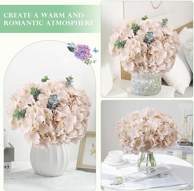 AVIVIHO 10pcs Beige Hydrangea Artificial Flowers Bulk Fake Flowers Hydrangea - Image 2