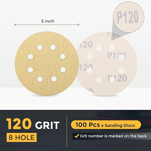 HARFINGTON 100Pcs 5Inch Sanding Discs 120Grit Yellow Aluminum Oxide 8 Hole | - Image 2