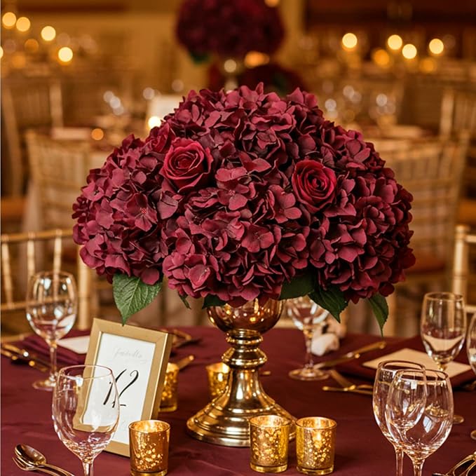 Auihiay 204Pcs Burgundy Hydrangea Artificial Flowers Bulk, Silk Hydrangeas | - Image 2