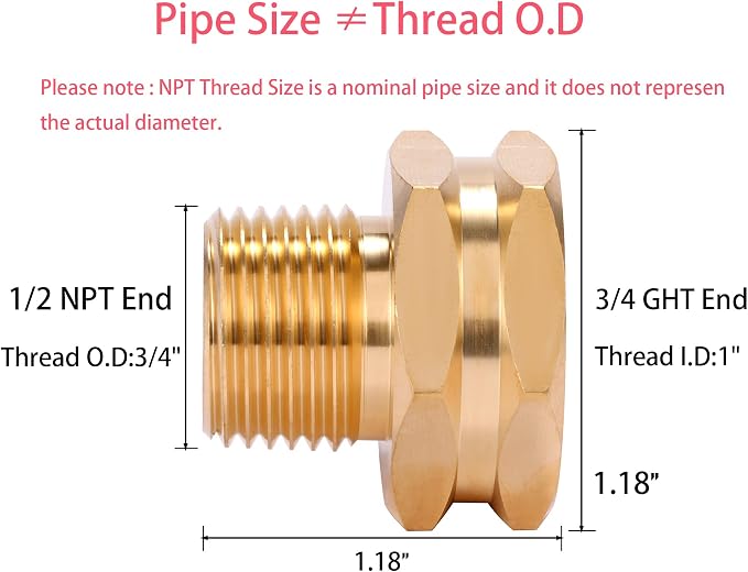 Garden Hose Adapter, 3/4" GHT Female x 1/2" NPT Male Connector | GHT to NPT - Image 2