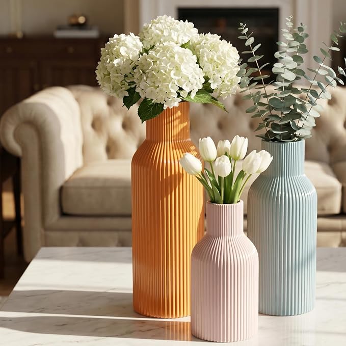 Colorful Ceramic Vases Set of 3, Smooth Round Vertical Ribbed, Minimalist - Image 3
