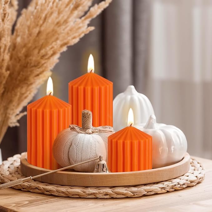 Conelist Set of 3 Fall Orange Ribbed Pillar Candles Soy Wax Scented Candles | - Image 5