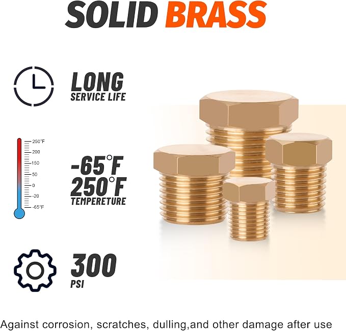 24PCS Brass Pipe Fittings Hex Head Plugs, 1/8" 1/4" 3/8" 1/2" NPT | Outer Hex - Image 3
